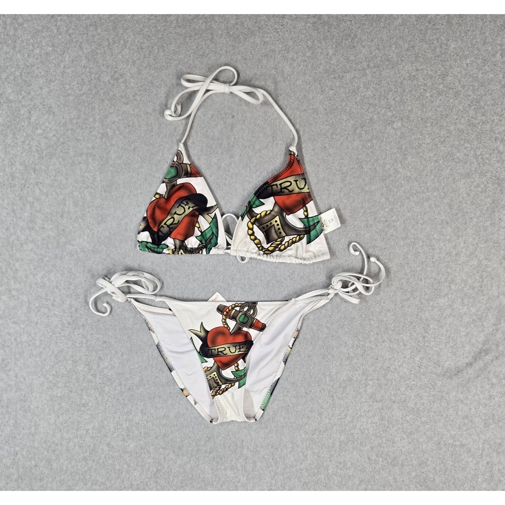 VINTAGE Ed Hardy Women Swimwear Medium White True Love Halter Bikini 2 Piece Set